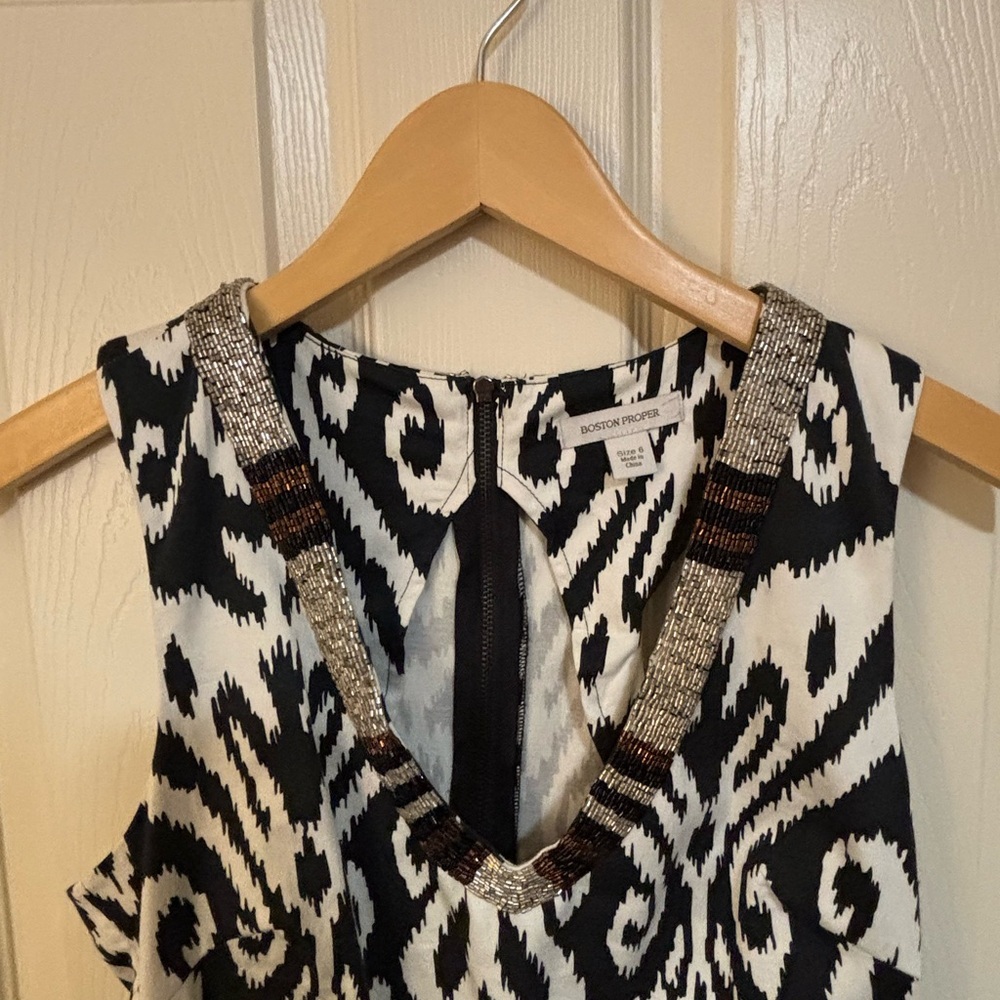 Boston Proper Black White Ikat Print Beaded Shift beach wedding guest graduation - Picture 2 of 8